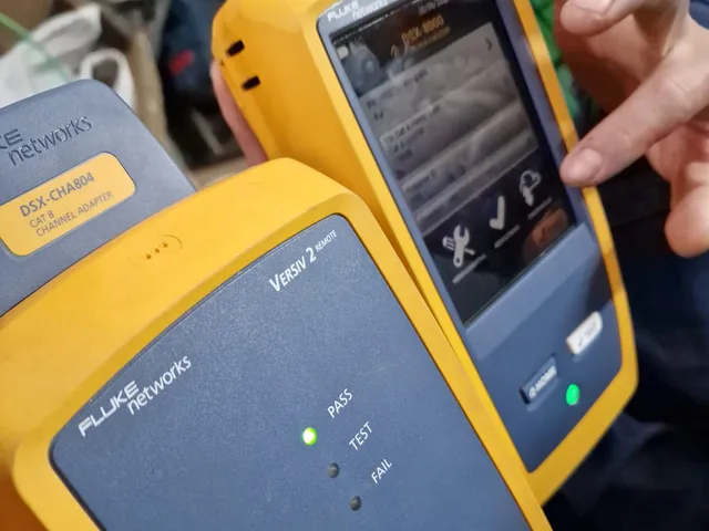 Certificador Fluke DSX-8000 con su unidad remota indicando PASS