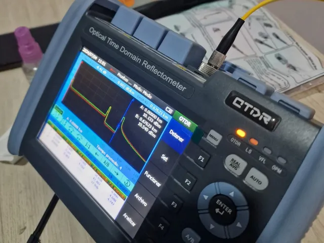 OTDR mostrando la traza de un enlace de fibra óptica con sus eventos