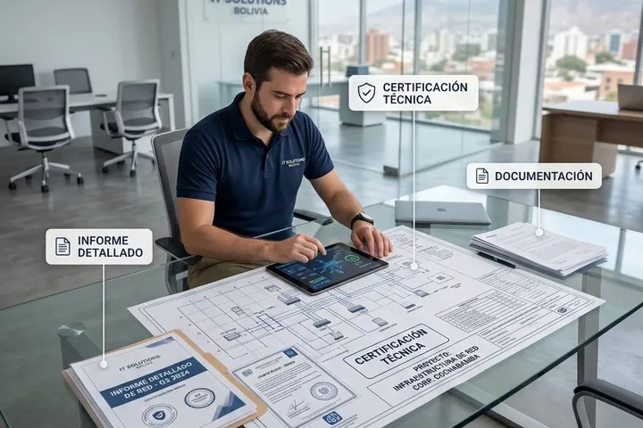 Ingeniero revisando el informe de certificación y la documentación de la red