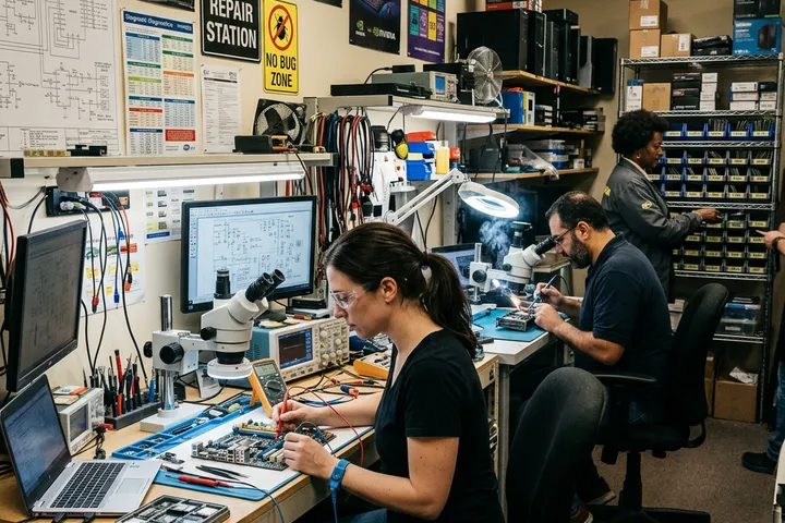 Técnicos reparando computadoras en un taller de mantenimiento