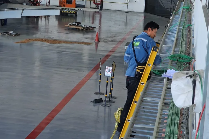 Técnico de H&S trabajando sobre una escalera junto a la bandeja de cableado dentro de un hangar de mantenimiento aeronáutico